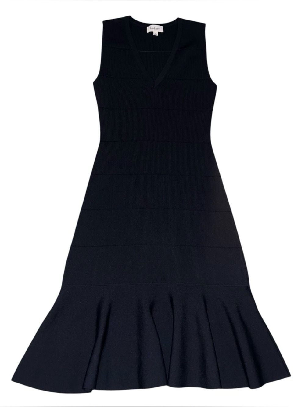EUC Bohme Navy Sleeveless V-Neck Knit Midi Dress Flared Hem X-Small XS Wedding